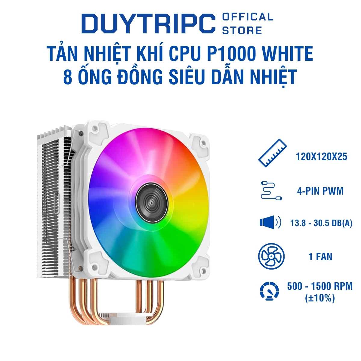 Tản Nhiệt Khí CPU P1000 White – 8 Ống Đồng Siêu Dẫn Nhiệt, LED RGB Rực Rỡ, Tone Trắng Sang Trọng